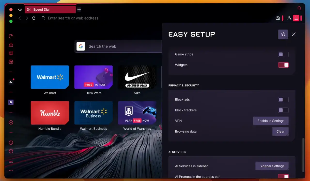 Ustawienia przeglądarki Opera GX, w tym opcja włączenia VPN. Dostępne są też opcje blokowania reklam i trackerów.
