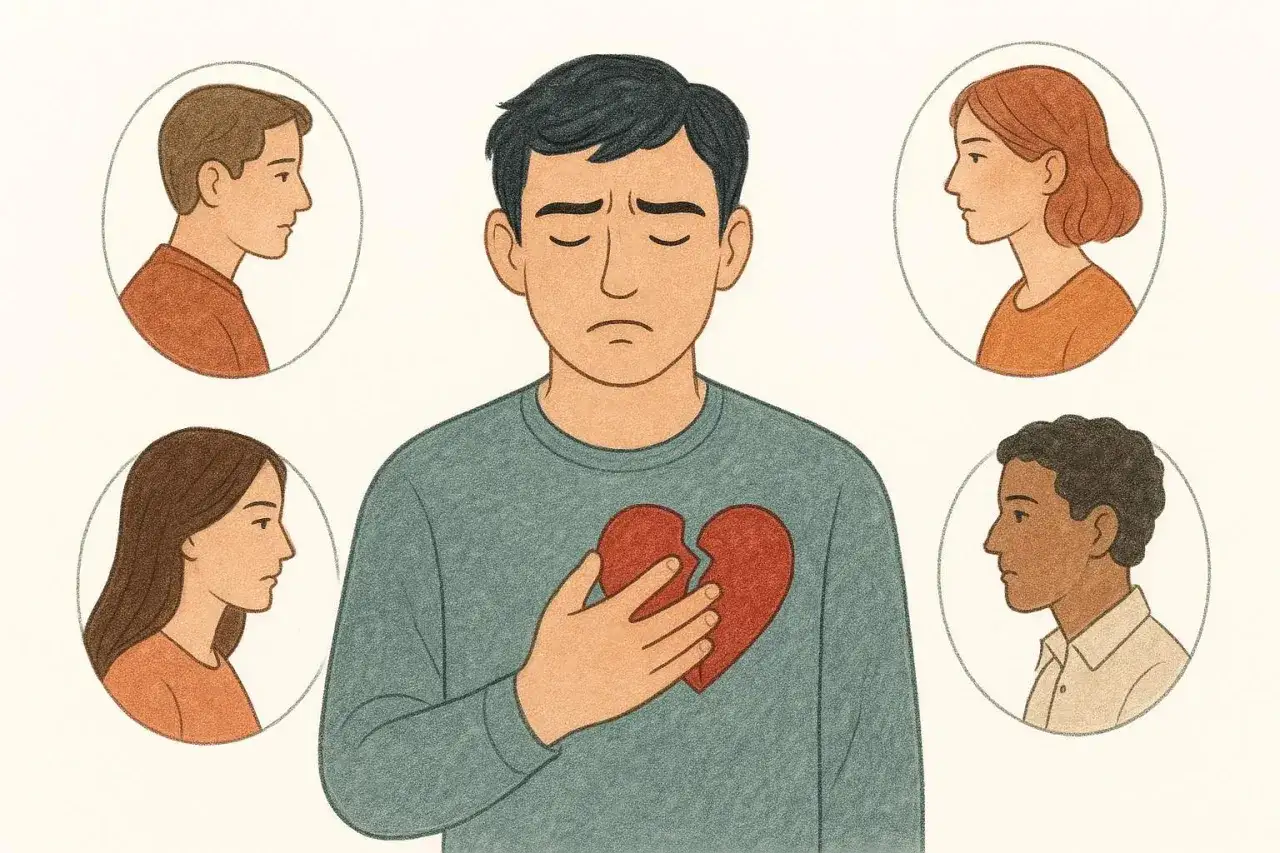 Uomo con cuore spezzato, circondato da profili di persone. La sua espressione e il gesto indicano la paura di essere feriti.
