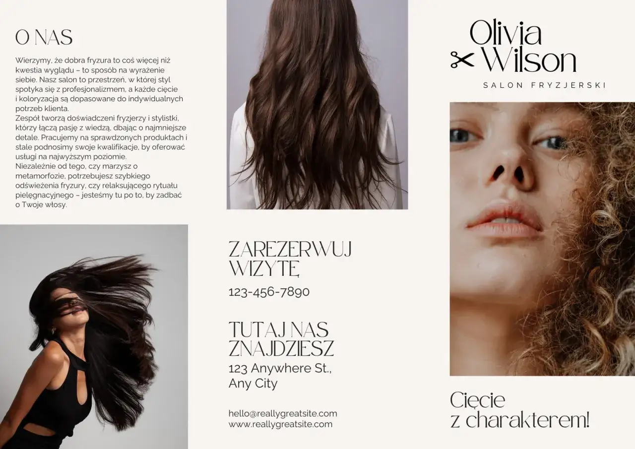Broszura przykład salonu fryzjerskiego Olivia & Wilson. Długie, falowane włosy i zbliżenie na twarz modelki.