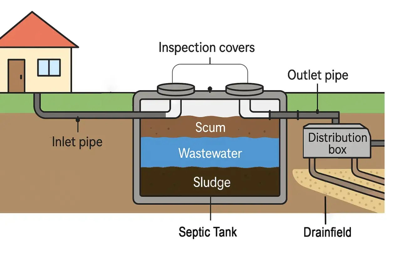 Diagram showing a house connected to a septic tank, distribution box, and drainfield. Essential for septic system maintenance.