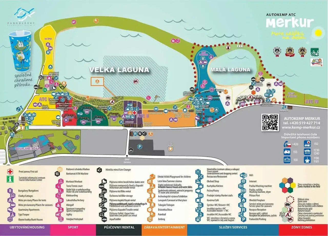 Mapa kempu Merkur: Velk&aacute; a Mal&aacute; Laguna, Aqualand Moravia, ubytov&aacute;n&iacute;, sport, půjčovny, z&aacute;bava, služby a z&oacute;ny.