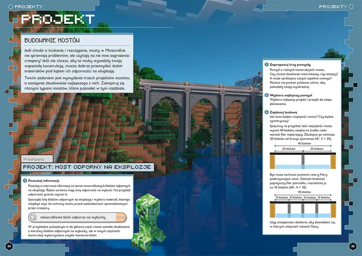 Immersive engineering: projekt mostu odpornego na eksplozje w Minecrafcie, z kamiennym łukowym mostem i creeperem.