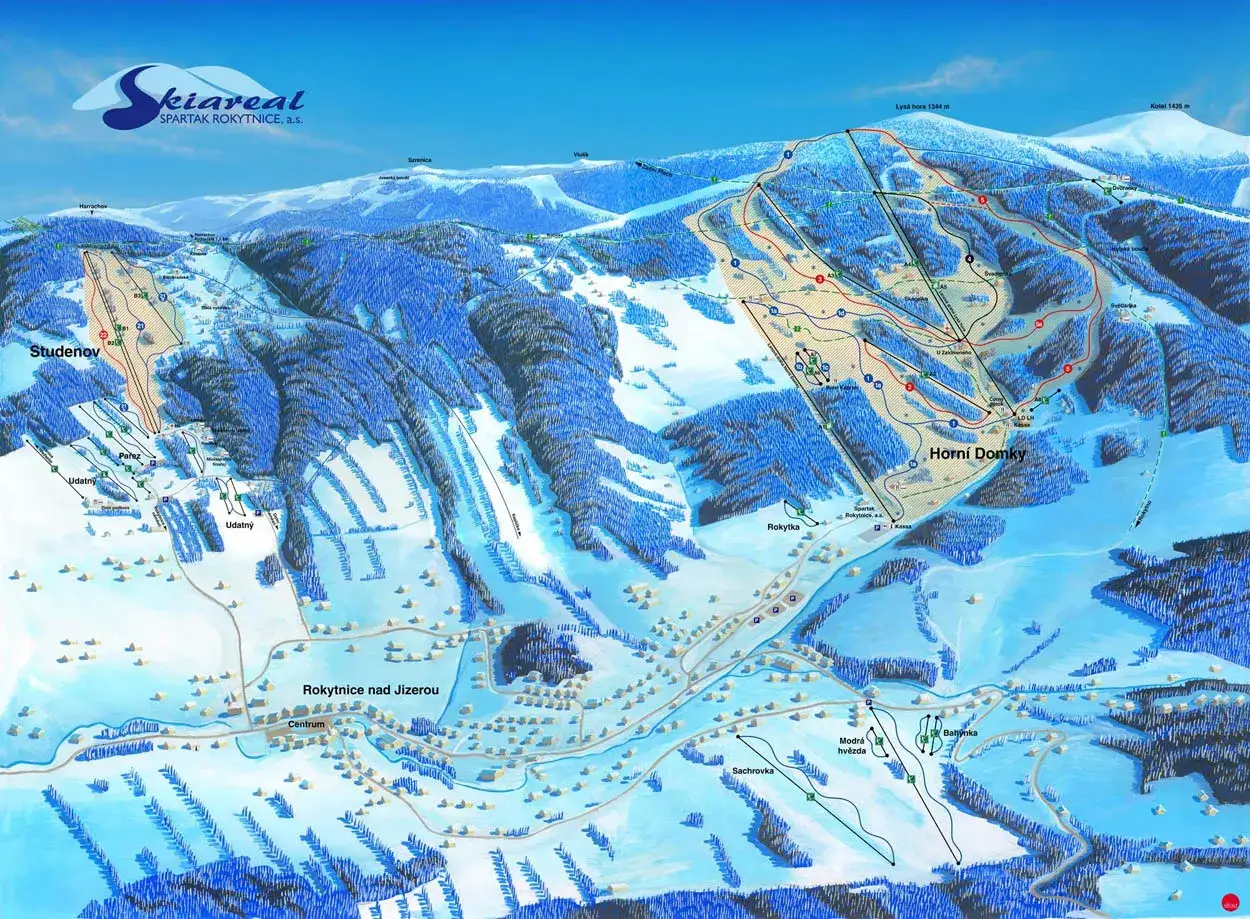 Mapa ośrodka narciarskiego Rokytnice nad Jizerou z zaznaczonymi trasami, wyciągami i snowparkiem.