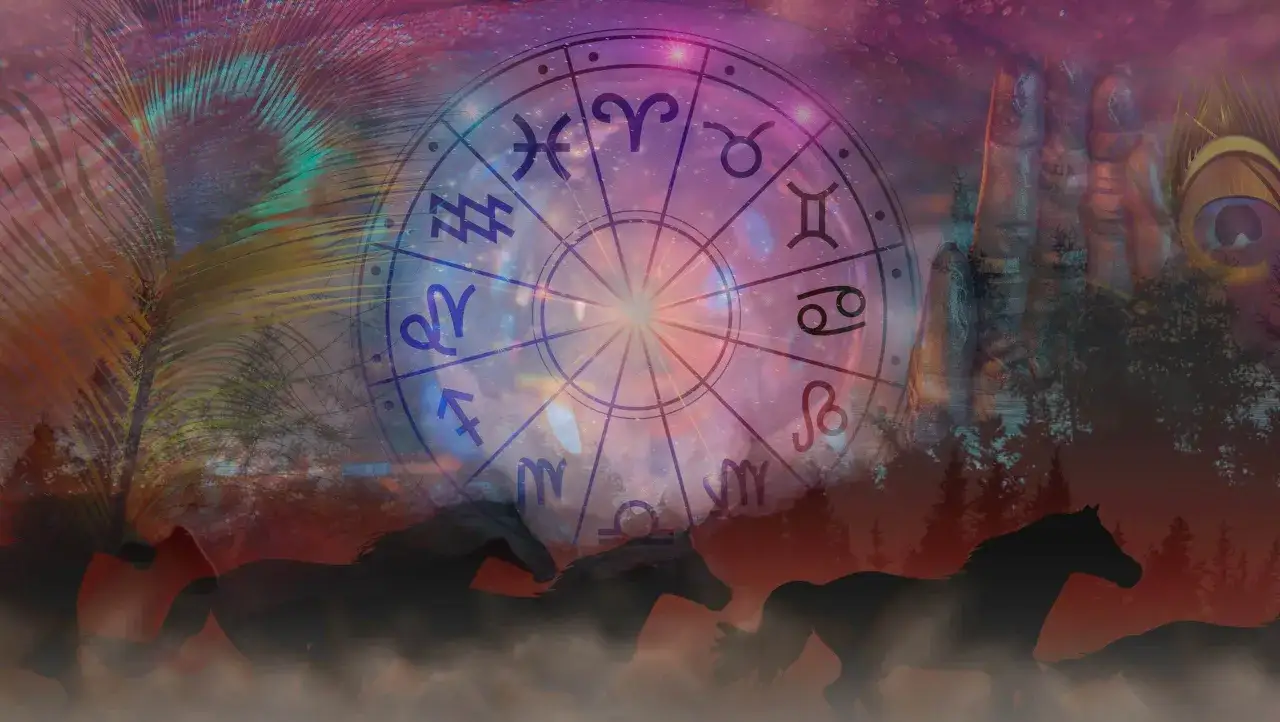 En dr&ouml;msk bild med ett horoskop, h&auml;star i galopp och p&aring;f&aring;gelsfj&auml;drar. Tvillingarnas tecken syns tydligt.