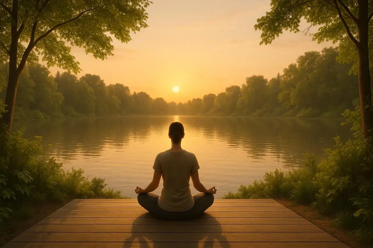 A person meditates on a wooden deck by a serene lake at sunset, embracing the art of letting go.