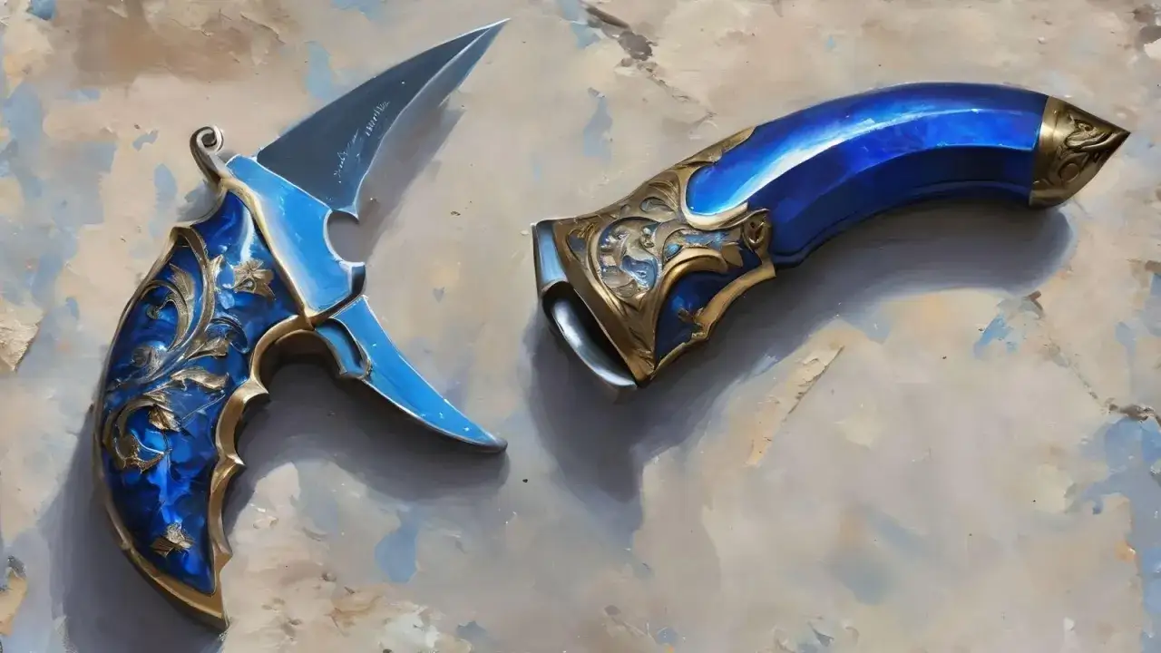 Karambit case hardened blue gem, ozdobiony złotymi ornamentami, prezentuje się jak dzieło sztuki.
