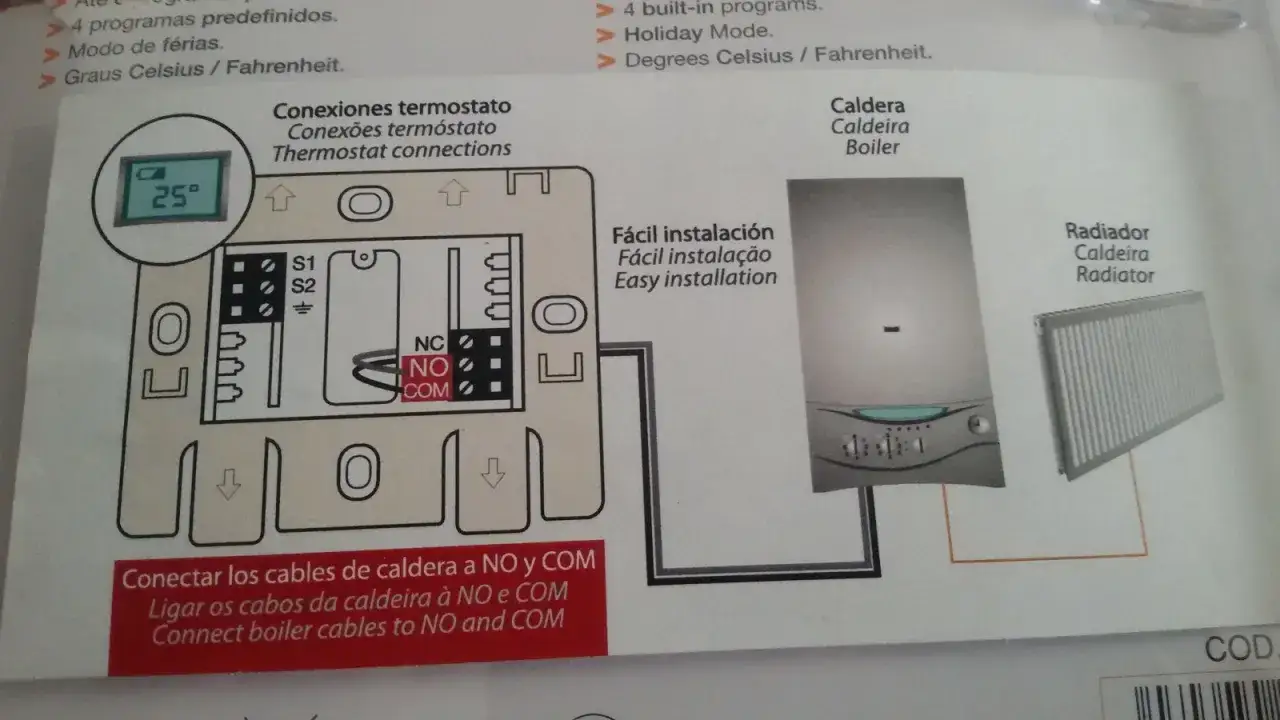 Diagrama de instalación de termostato. Muestra conexiones a caldera y radiador. Si el termostato no manda señal a la caldera, revisa los cables NO y COM.