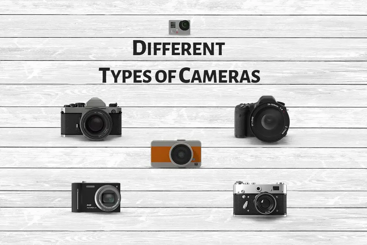 Différents types d'appareils photo : un reflex, un compact orange, un hybride, un appareil photo d'action, un compact noir et un appareil photo argentique. Chaque marque appareil photo a son style.
