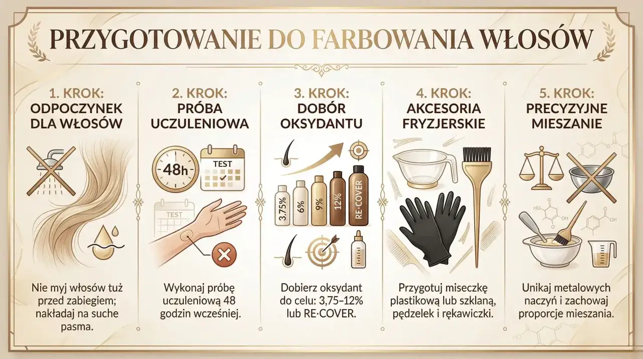 Przygotowanie do farbowania włosów: odpoczynek, próba uczuleniowa, dobór oksydantu, akcesoria, precyzyjne mieszanie. Dowiedz się, ile trzymać farbę na włosach.