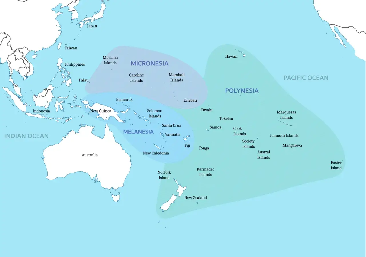 Mapa Pacyfiku z zaznaczonymi regionami: Mikronezja, Melanezja i Polinezja. Gdzie leży Nowa Zelandia? Na południowym zachodzie, obok Australii.