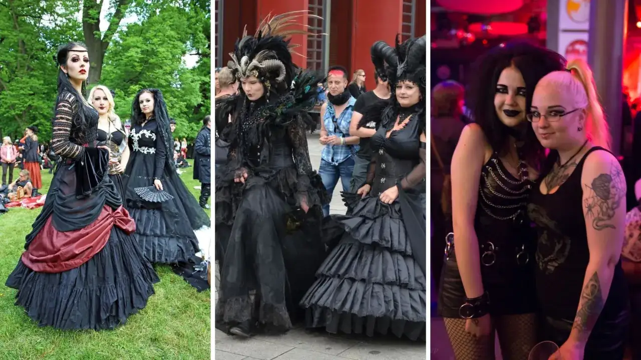 Drei Szenen zeigen Menschen in aufwendigen schwarzen Outfits, die an die &Auml;sthetik von gothic musik erinnern.