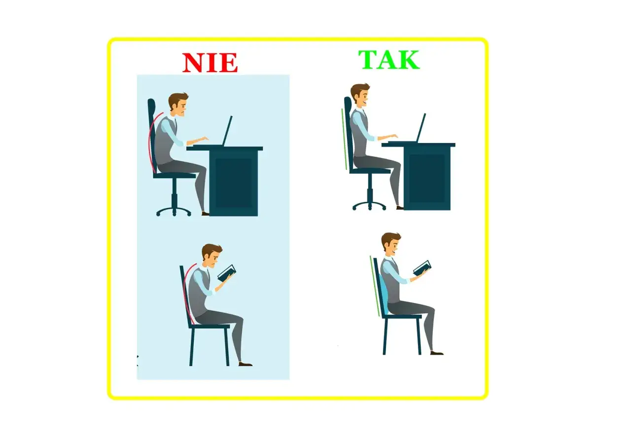 Dwa przykłady prawidłowej i nieprawidłowej ergonomii postawy podczas pracy przy biurku i z książką. Poprawna postawa to klucz do zdrowego kręgosłupa.