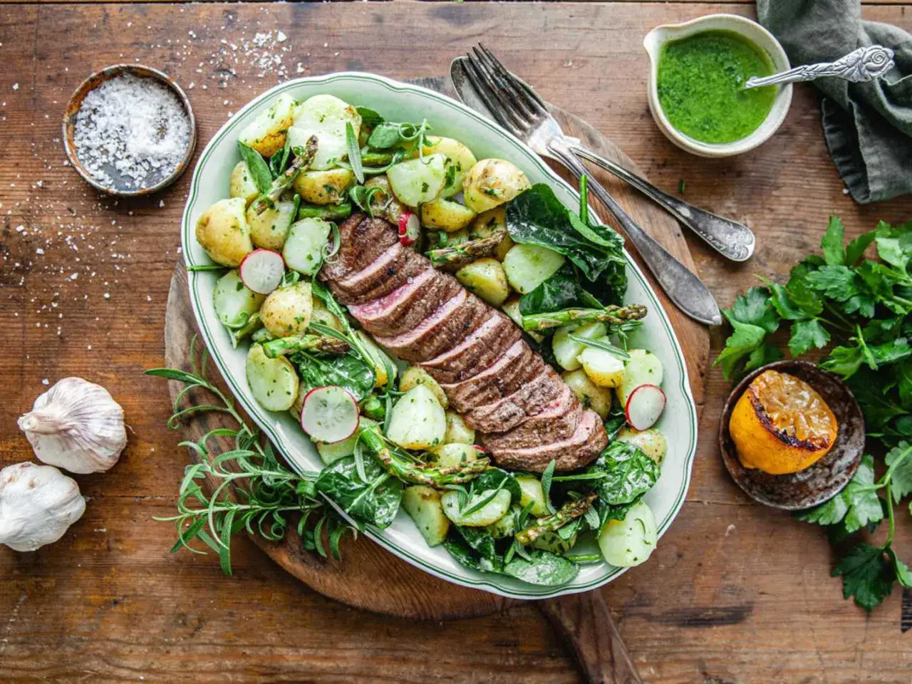 Perfekt grillad lammfil&eacute; med potatis, sparris och en frisk &ouml;rts&aring;s. En h&auml;rlig sommarm&aring;ltid!