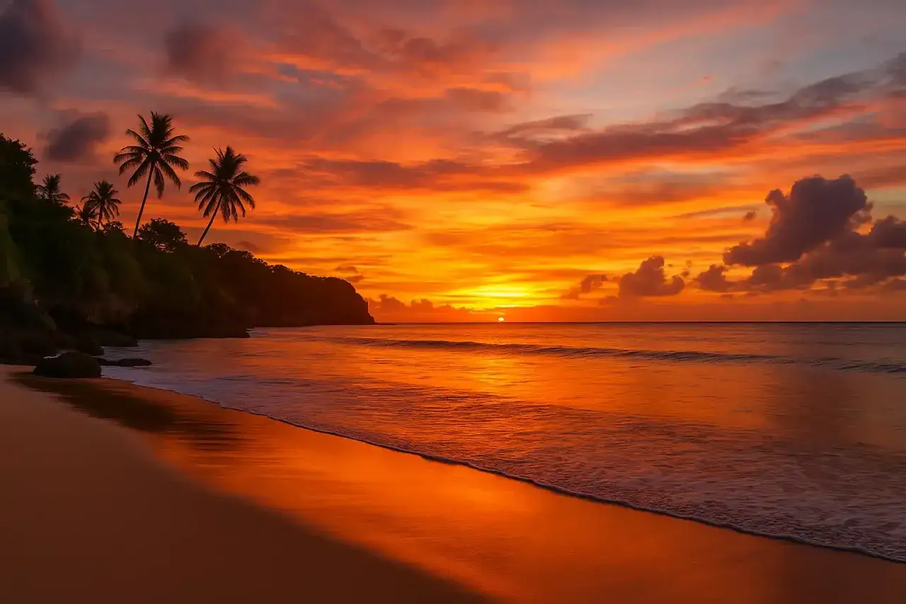 Zachód słońca na Bali. Palmy na tle ognistego nieba nad oceanem. Idealne plaże Bali.