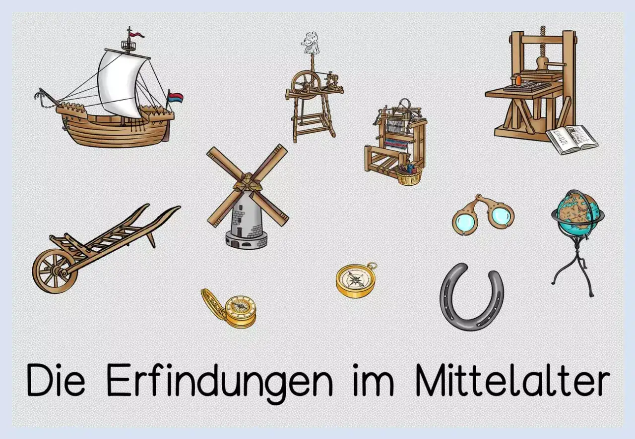 Schiff, Windm&uuml;hle, Webstuhl, Buchdruckpresse, Kompass, Hufeisen und Globus &ndash; wichtige Erfindungen im Mittelalter, die die Welt ver&auml;nderten.