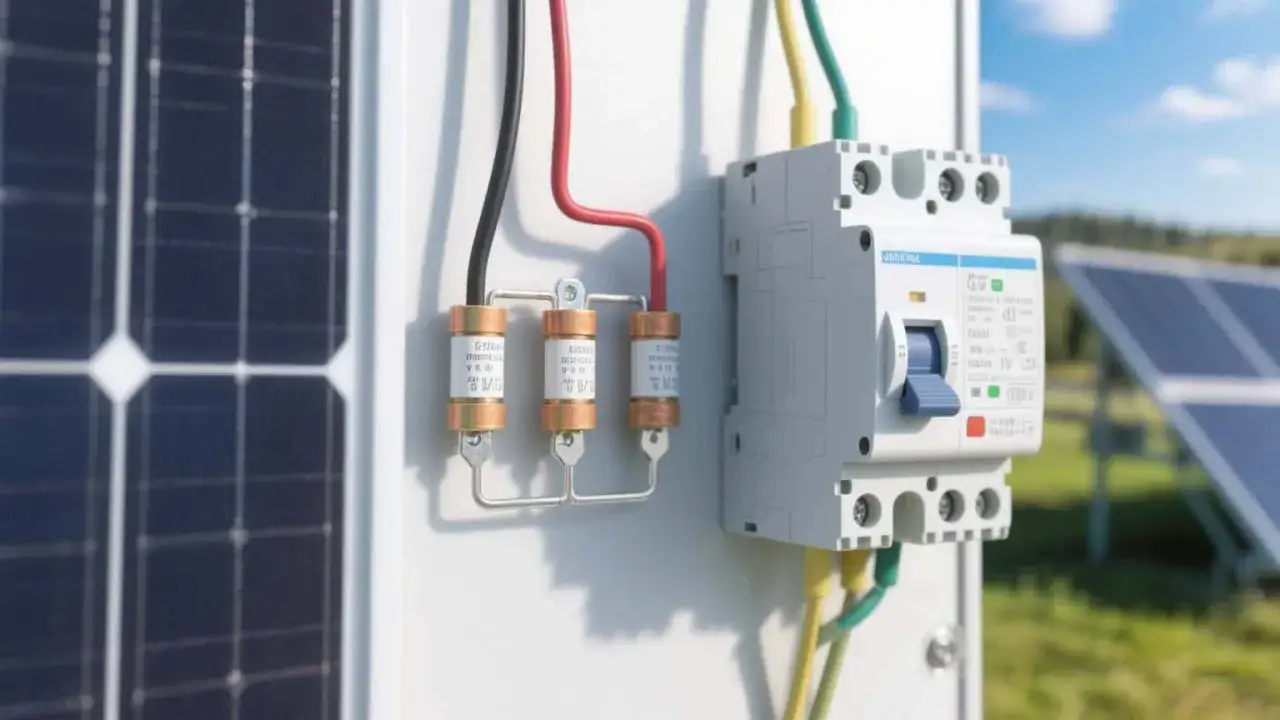 S&auml;kerhetsbrytare f&ouml;r solceller, uppfyller alla krav. Solpaneler i bakgrunden.