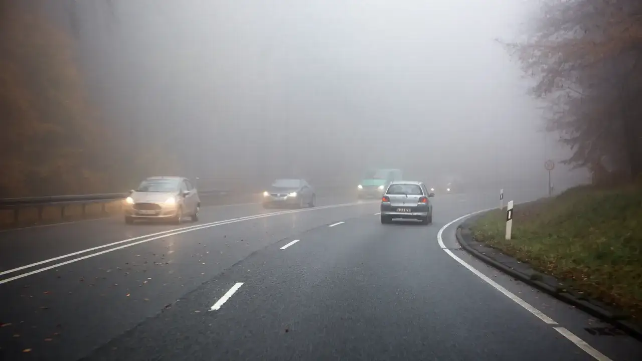 Autos fahren auf nebliger Stra&szlig;e. Ein Schild zeigt 80, aber die Sicht ist schlecht. Vorsicht vor nicht angepasster Geschwindigkeit!