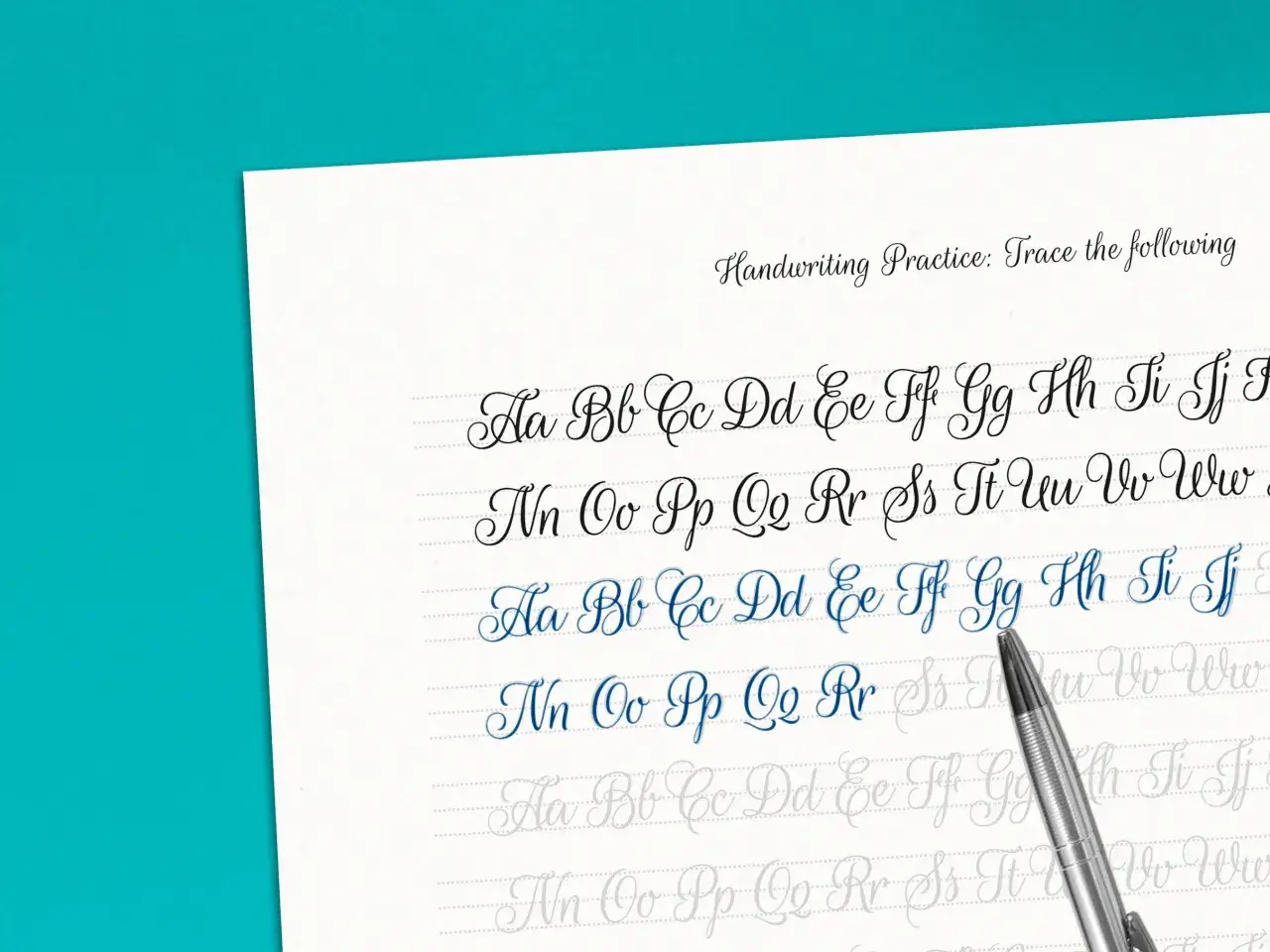 Practice sheet showing how to write it in cursive, with alphabet examples and a pen.