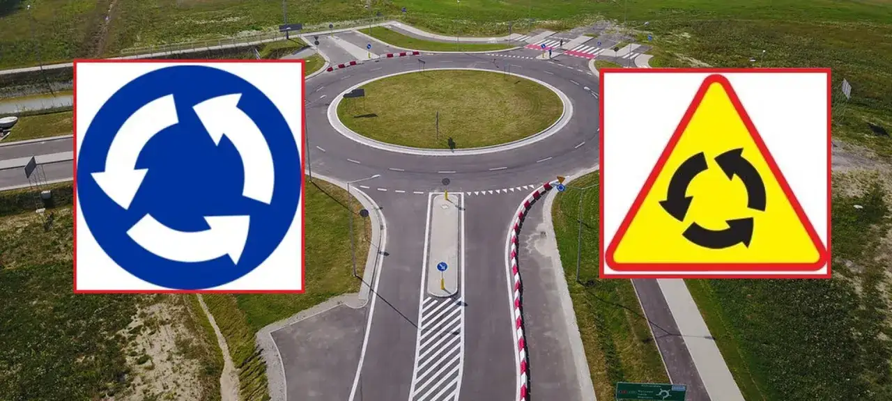 Znak okrągły niebieski i trójkątny żółty z czarnymi strzałkami informują, kto ma pierwszeństwo na rondzie.