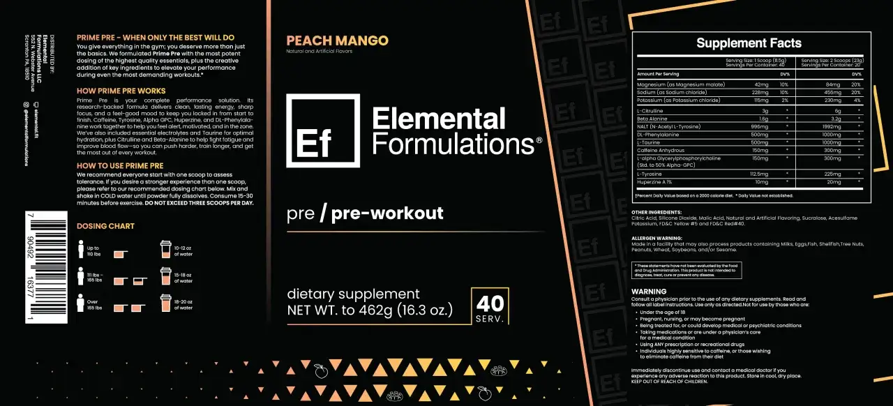 Pre entreno fuerte: polvo Peach Mango de Elemental Formulations para energía y enfoque.
