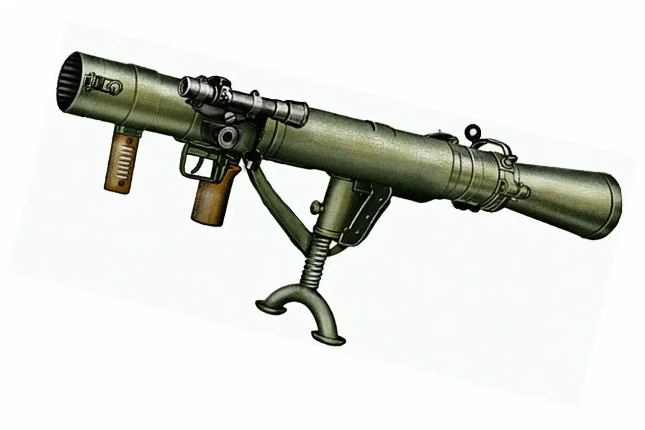Ett Carl Gustaf vapen, en ikonisk svensk pansarvärnsrobot, med sitt karakteristiska kikarsikte och stöd.