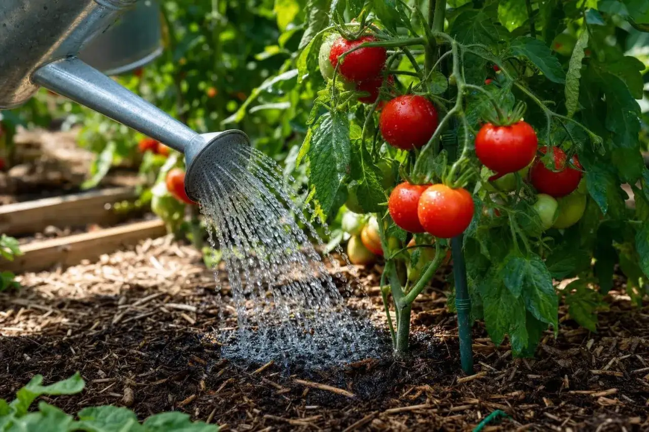 Arrosage d'un plant de tomates mûres. Faut-il arroser les tomates tous les jours ? La réponse dépend de la météo et du sol.