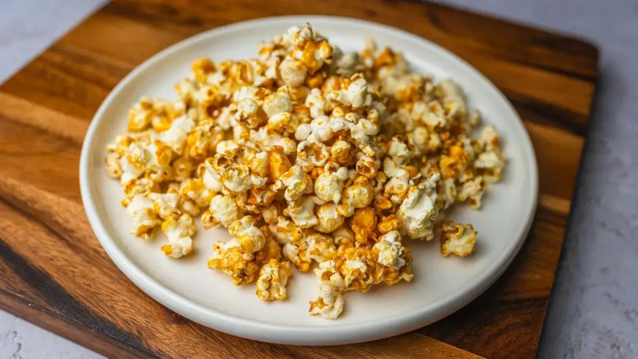 Góra popcornu na białym talerzu, z widocznym karmelem. Idealna przekąska, gdy zastanawiasz się nad popcorn kcal.