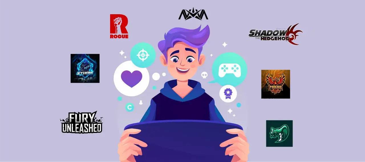 Chłopiec z laptopem otoczony logotypami gier: Storm, Rogue, AXA, Shadow the Hedgehog, Phoenix, Fury Unleashed, wąż. Idealna nazwa do gry!