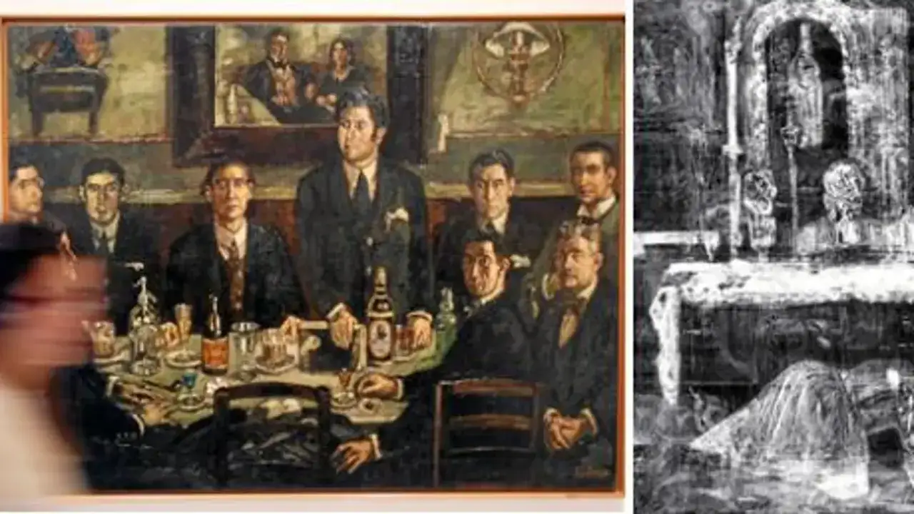 Pintura de José Gutiérrez Solana: hombres en un banquete, con botellas y copas sobre la mesa. A la derecha, una imagen abstracta.