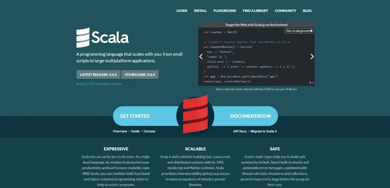 Strona gł&oacute;wna Scala. Znajdziesz tu informacje o języku, przykładowy kod i linki do kurs&oacute;w.