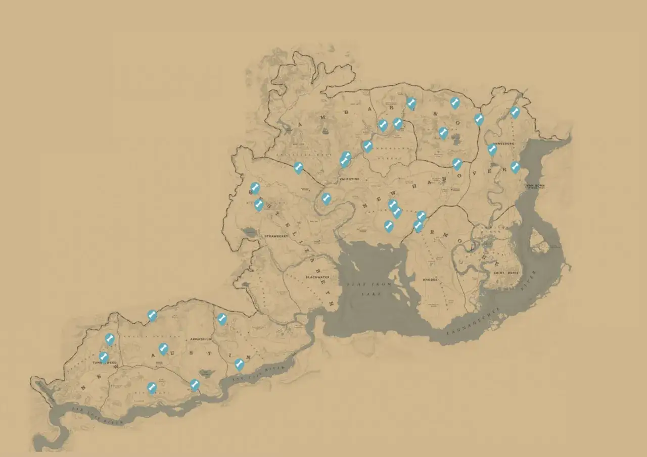 Mapa z zaznaczonymi lokalizacjami rdr2 kości dinozaur&oacute;w.