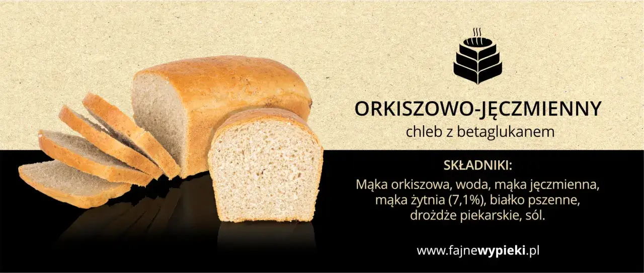 Chleb orkiszowo-jęczmienny z betaglukanem. Czy chleb orkiszowy ma gluten? Tak, zawiera białko pszenne. Składniki: mąka orkiszowa, woda, mąka jęczmienna, mąka żytnia, drożdże, sól.