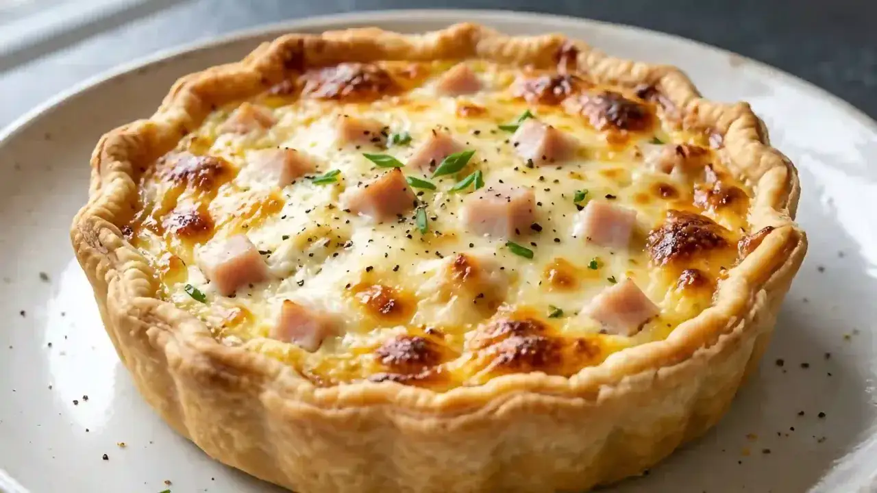 Une d&eacute;licieuse quiche jambon fromage dor&eacute;e, garnie de d&eacute;s de jambon et de persil frais. Parfait pour un repas savoureux.