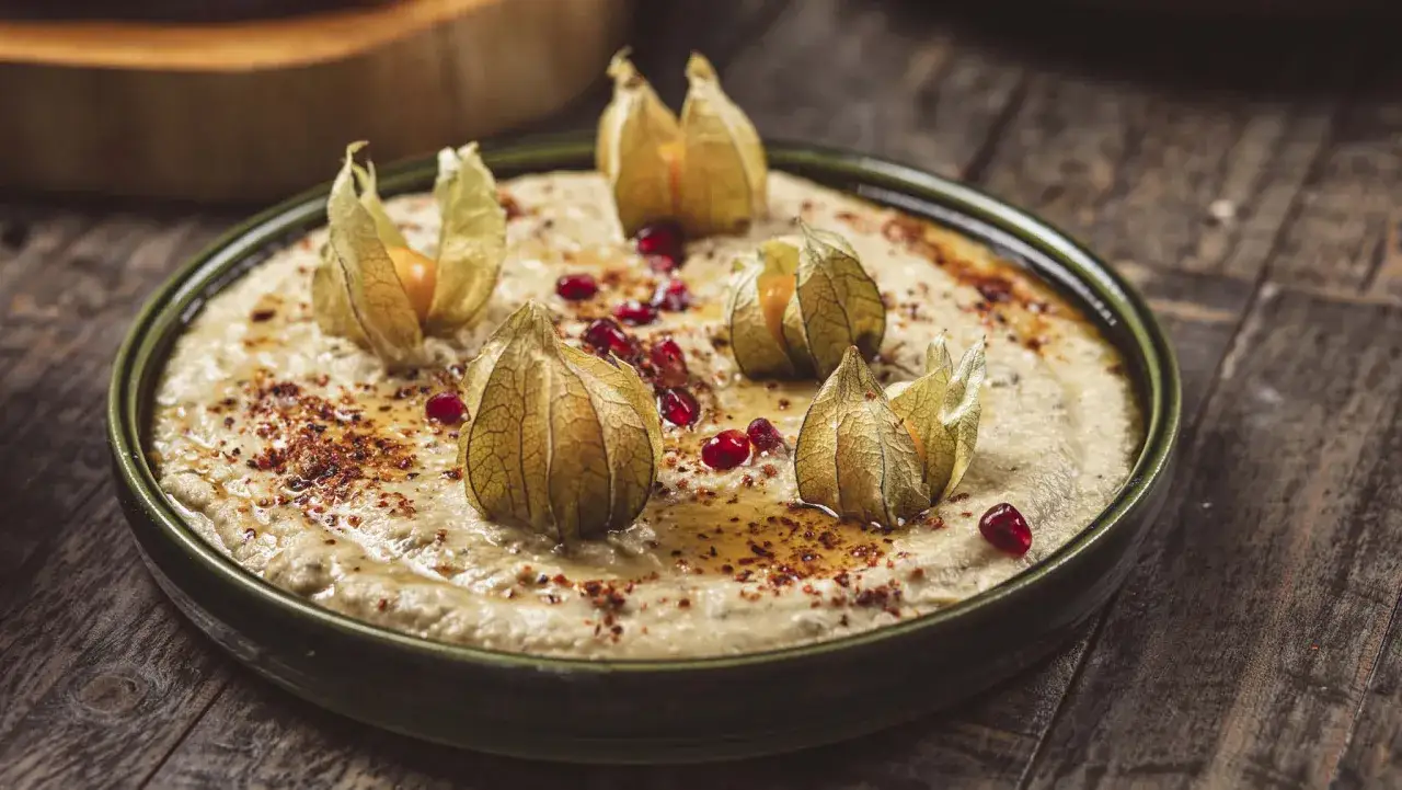 En krämig baba ganoush toppad med physalis och granatäppelkärnor, serverad i en grön skål på ett rustikt träbord.