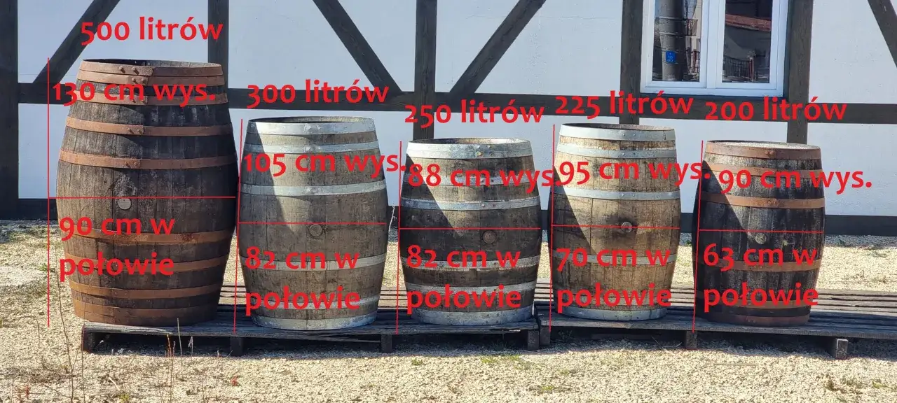 Pięć beczek, w których dojrzewa whisky, o różnej pojemności i wymiarach. Od 500 litrów do 200 litrów.