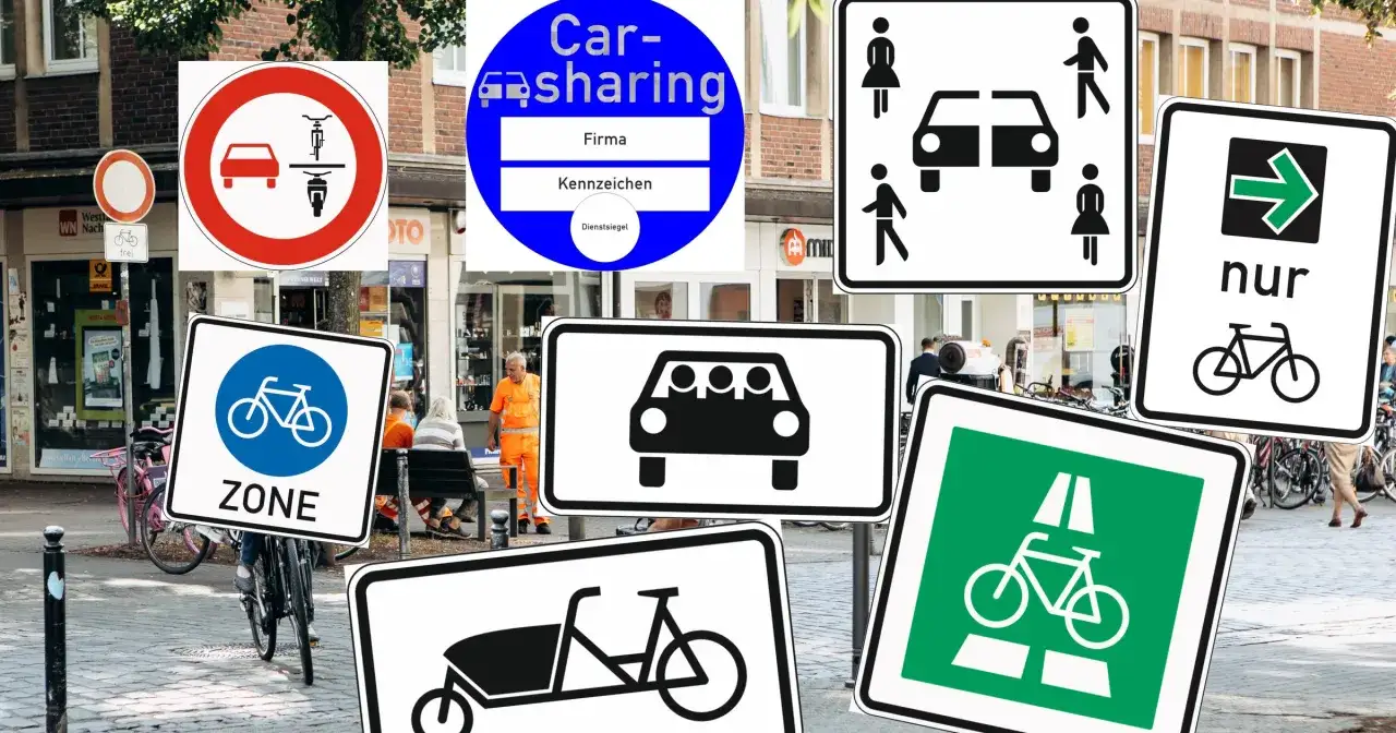 Kolekcja znaków drogowych w Niemczech: zakaz ruchu, car-sharing, strefa rowerowa, przejazd rowerowy, rower cargo.