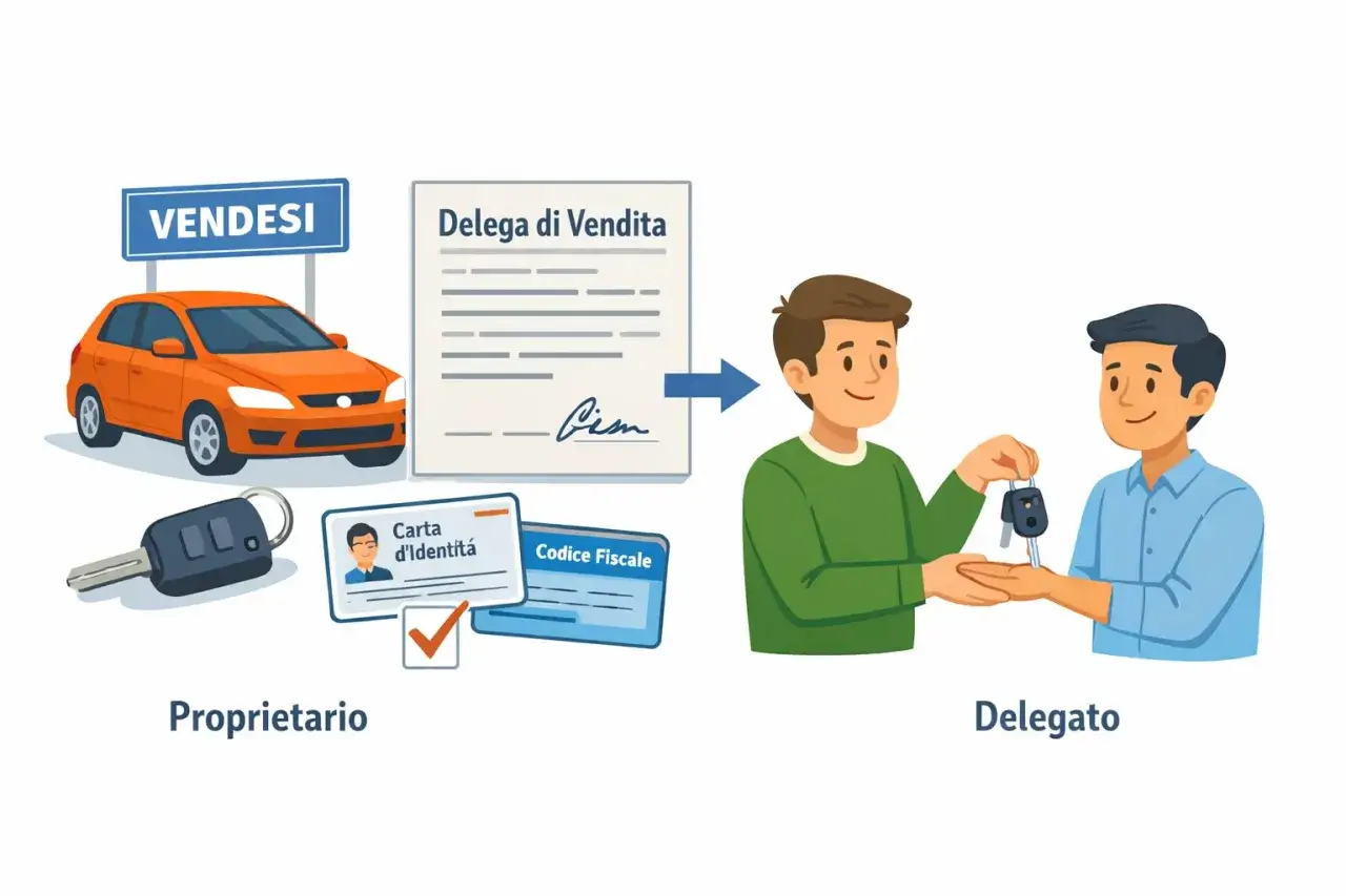 Un proprietario firma una delega per acquisto auto, consegnando chiavi e documenti a un delegato.