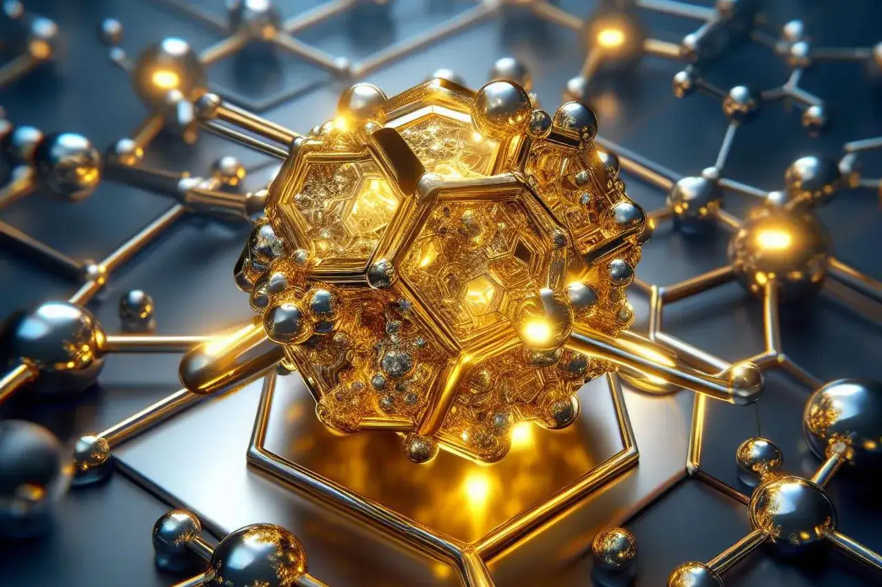 Struttura molecolare dorata e scintillante, con sfere metalliche che si collegano in una rete complessa. Un nucleo centrale a forma di esagono, un vero **oro blu lega**, brilla di luce propria.