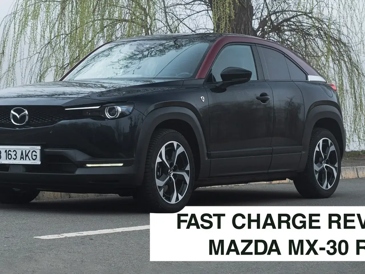 Czarna Mazda MX-30 z czerwonym dachem stoi na tle drzew.