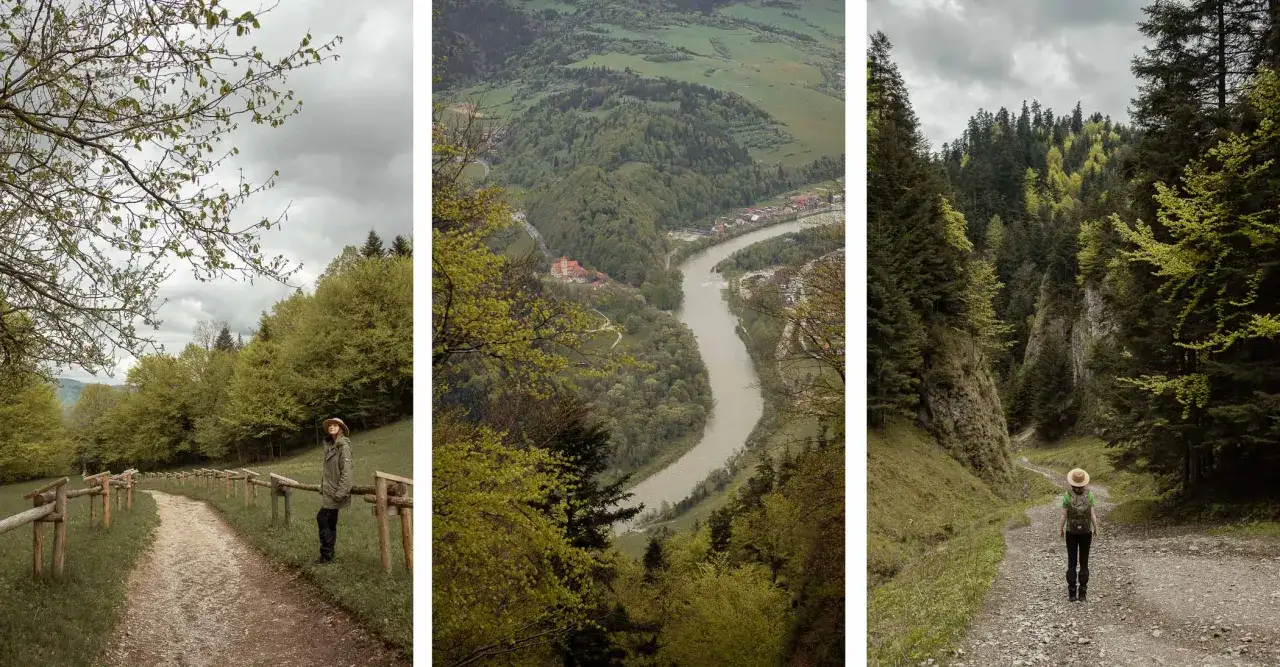 Pieniny atrakcje: malownicze szlaki, rzeka Dunajec i zielone lasy. Kobieta w kapeluszu podziwia widoki.