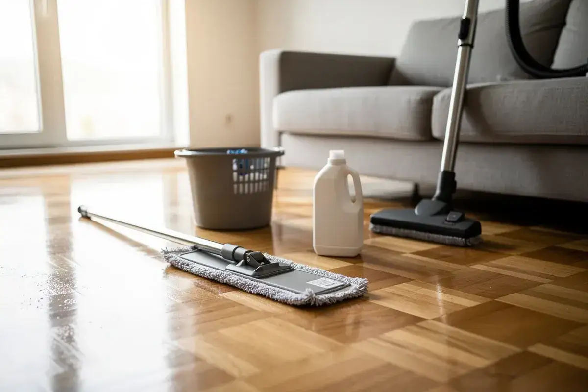 Mocio, secchio, detersivo e aspirapolvere pronti per pulire il parquet con rimedi della nonna.