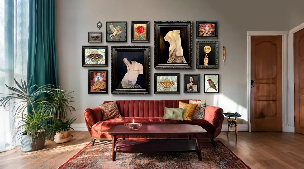 A gallery wall above a red sofa showcases art of moths, birds, and classical figures. This arrangement demonstrates how high to hang pictures for a balanced display.