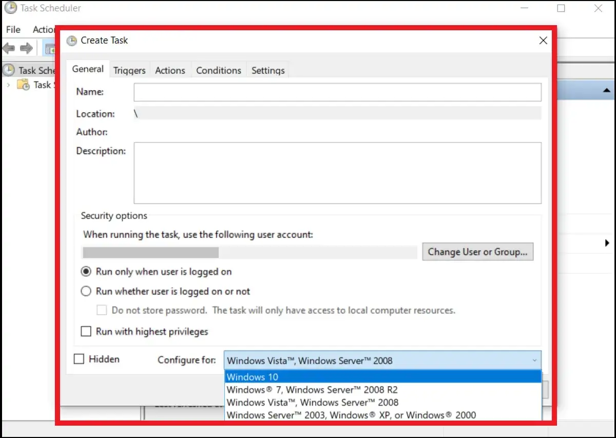 Ustawienia automatycznego wyłączania komputera Windows 10 w Harmonogramie zadań. Wybór systemu operacyjnego.