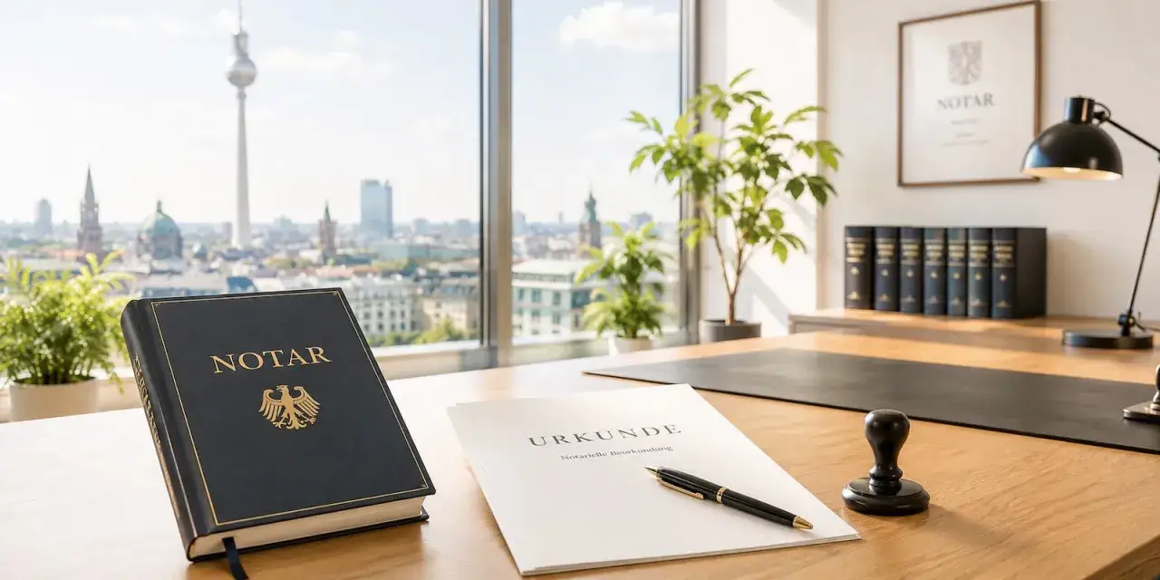 Notariatsb&uuml;ro in Berlin mit Blick auf die Stadt. Ein Notarbuch und eine Urkunde liegen bereit, um den Grunderwerbsteuer-Vorgang zu besiegeln.