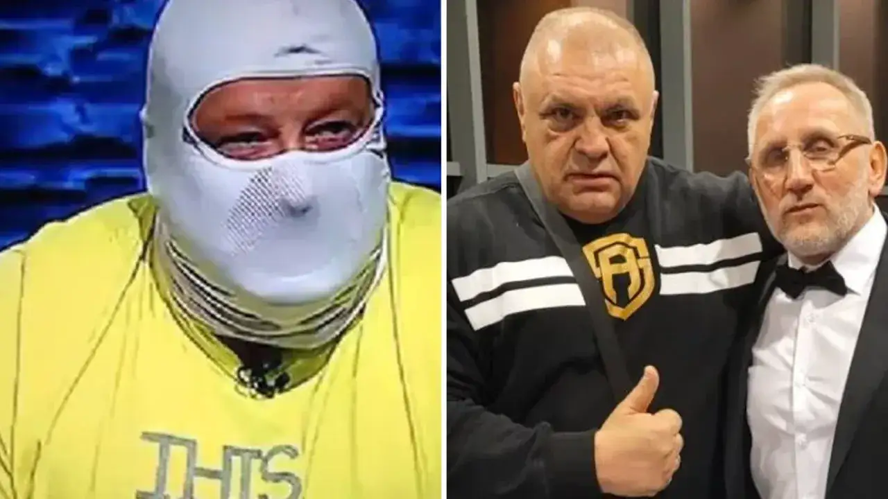 Dwaj mężczyźni, jeden w masce i żółtej koszulce, drugi w garniturze. Ciekawe, ile lat ma misiek z Nadarzyna?