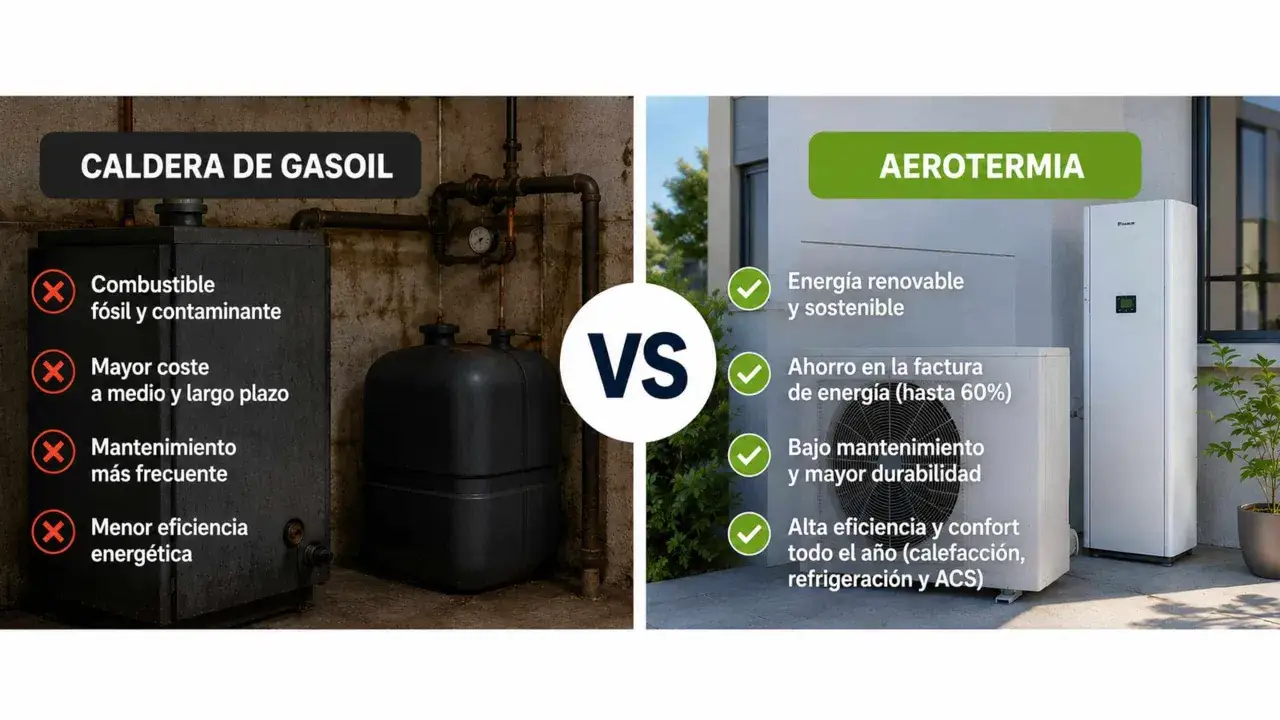 Comparativa: caldera gasoil vs aerotermia. La aerotermia es energía renovable, ahorra en facturas y es más eficiente. ¡Cambiar caldera gasoil por aerotermia es la mejor opción!