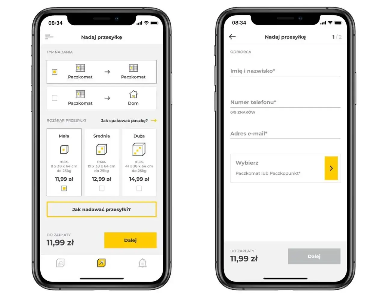 Interfejs aplikacji InPost Mobile nadawanie paczki
