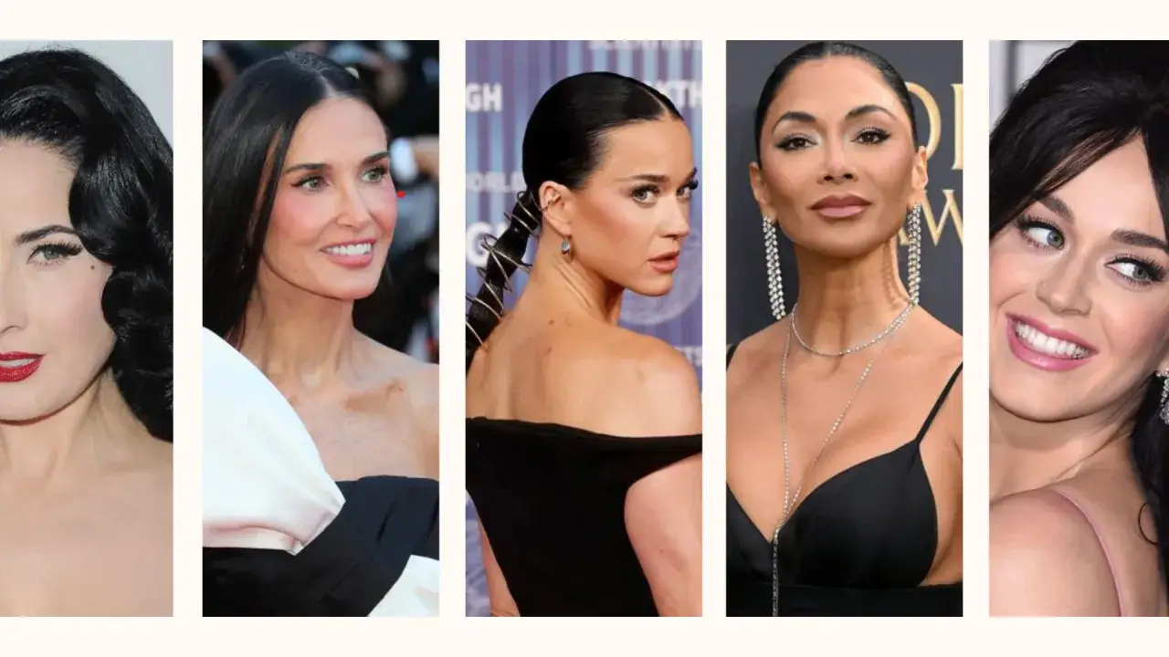 Pięć kobiet, w tym piękna brunetka Demi Moore, w eleganckich kreacjach.