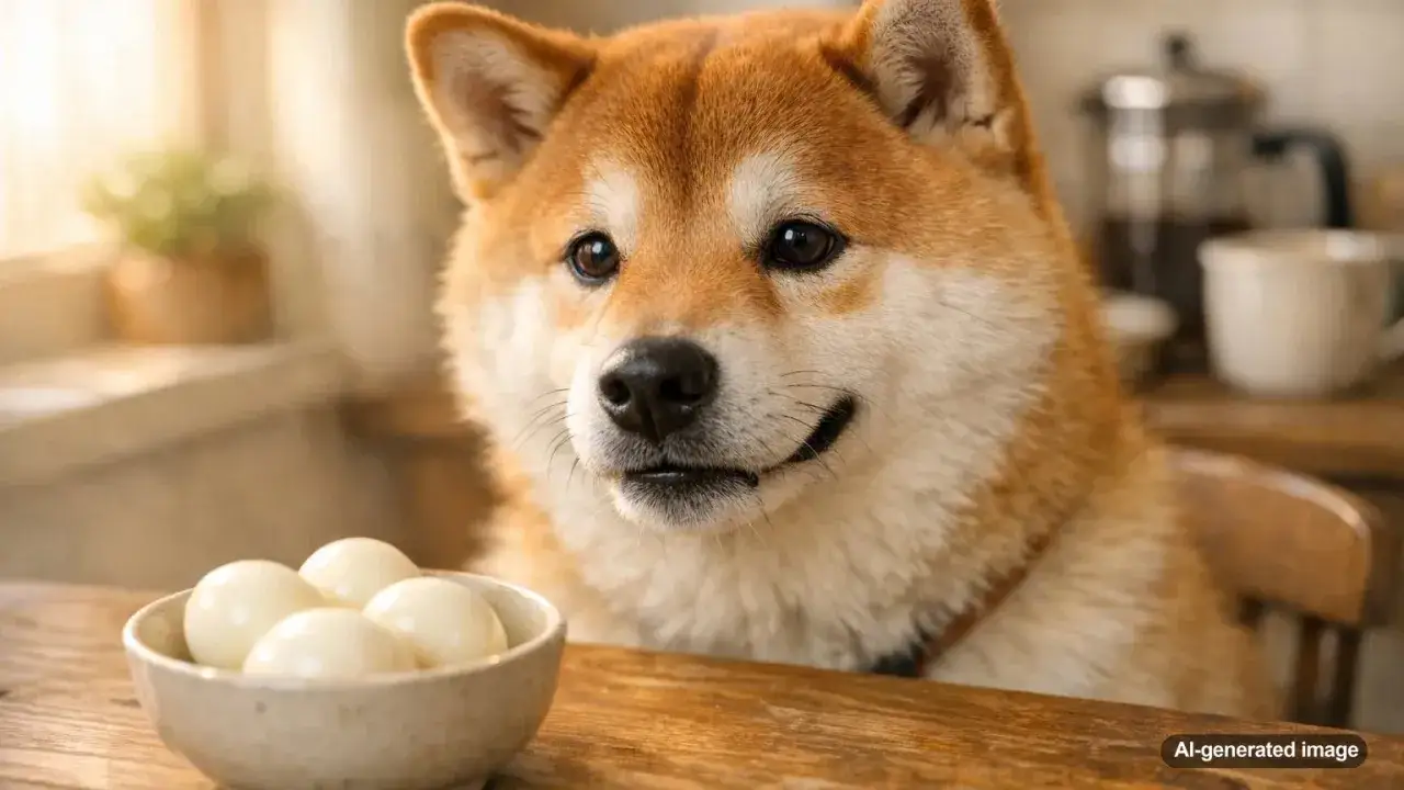 Un perro Shiba Inu mira con curiosidad un cuenco de huevos, demostrando que los perros pueden comer huevo.