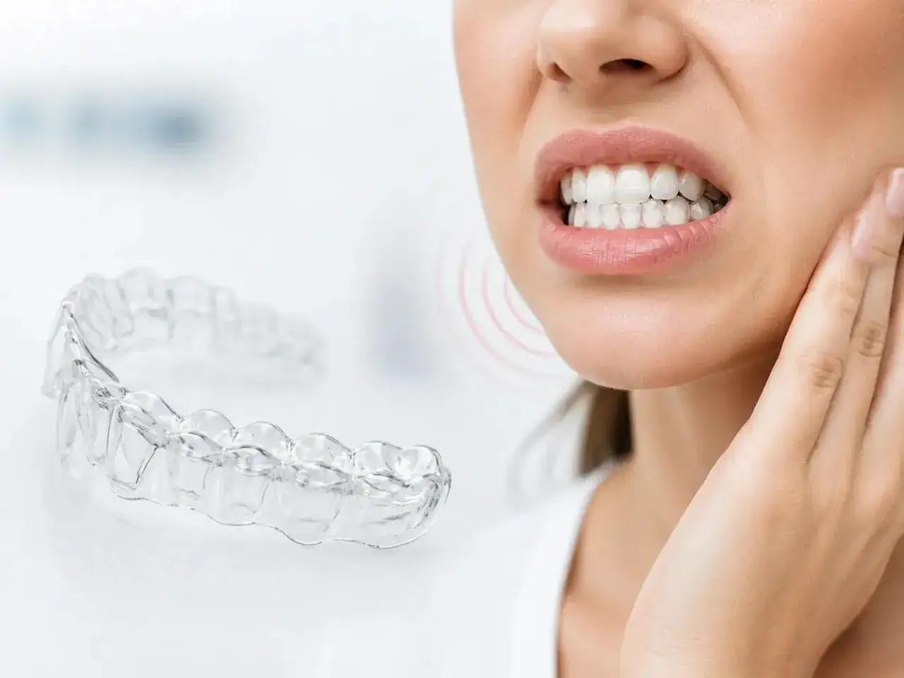 Una férula Invisalign transparente sobre una superficie blanca, junto a una mujer con brackets y tocándose la mejilla con dolor.